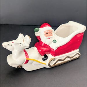 Vintage Santa Claus & Reindeer Ceramic Sleigh Planter With Christmas Decoration