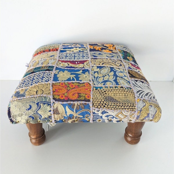 Embroidered Patchwork Bohemian Style Foot Stool Ottoman Blue 16.5"x16.5"x9"