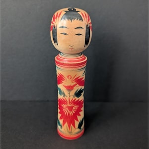 Vintage Japanese Kokeshi Wooden Doll Hand-Painted Red Floral Design