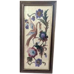 Vintage Framed Needlepoint Art with Phoenix Bird & Flowers Jewel Tones