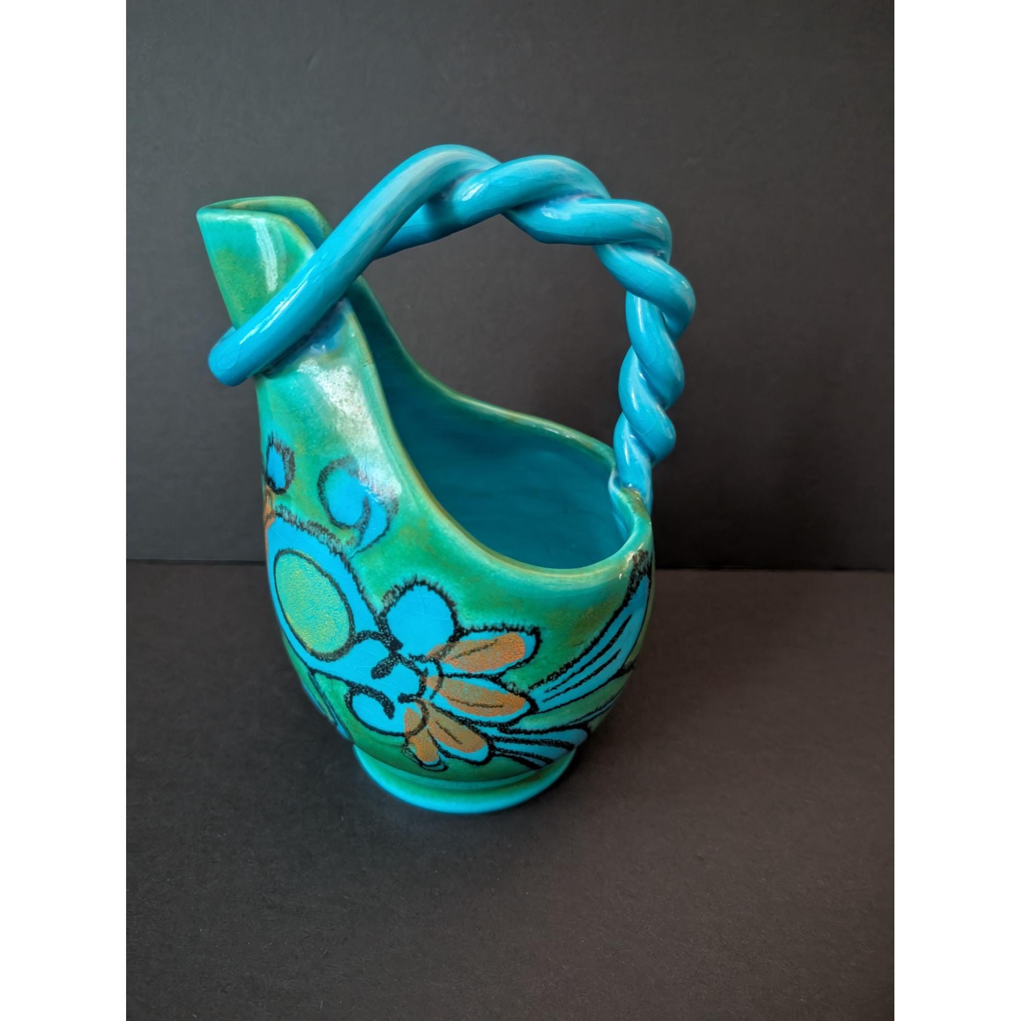 Vintage Italian Pottery Pitcher Blue and Green Twisted Handle Mid ...