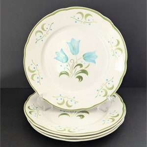 4 Vintage Faience De France Hand Painted Floral Stoneware Plates 10&quot; Blue Tulips