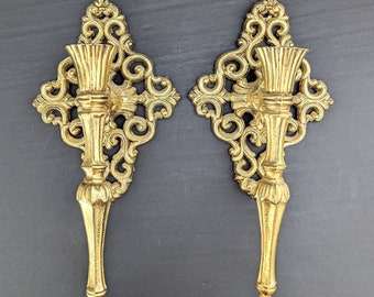 Set of 2 Hollywood Regency Style Brass Sconces Candle Holders Vintage