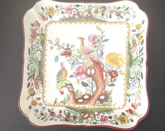 Antique Spode Copeland Square Dish Pheasants and Flowers Made In England