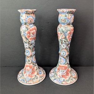 Paar Vintage Floral Keramik Kerzenhalter 10,5 &quot;Cottagecore Blau und Pfirsich