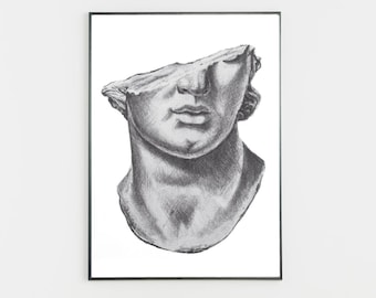 Broken Head Statue Drawing Poster, Digital Print, Wall Art, PRINTABLE Artwork