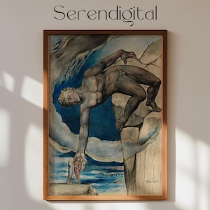 May include: A framed painting depicting a man reaching down from a cliff. The man is nude and has a muscular build. The painting is set against a blue and white cloudy sky. The painting is framed in a light brown wood frame.