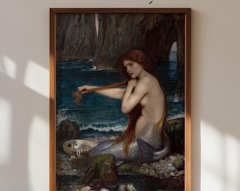 Una sirena di John William Waterhouse, stampa artistica fantasy oceanica preraffaellita, decorazione murale con sirena mitologica, poster opaco vittoriano d'epoca