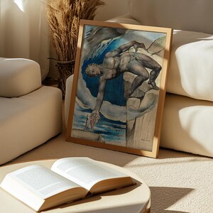 May include: A framed painting of a man reaching out to another figure in a blue and white landscape. The painting is in a wooden frame and is hanging on a wall.