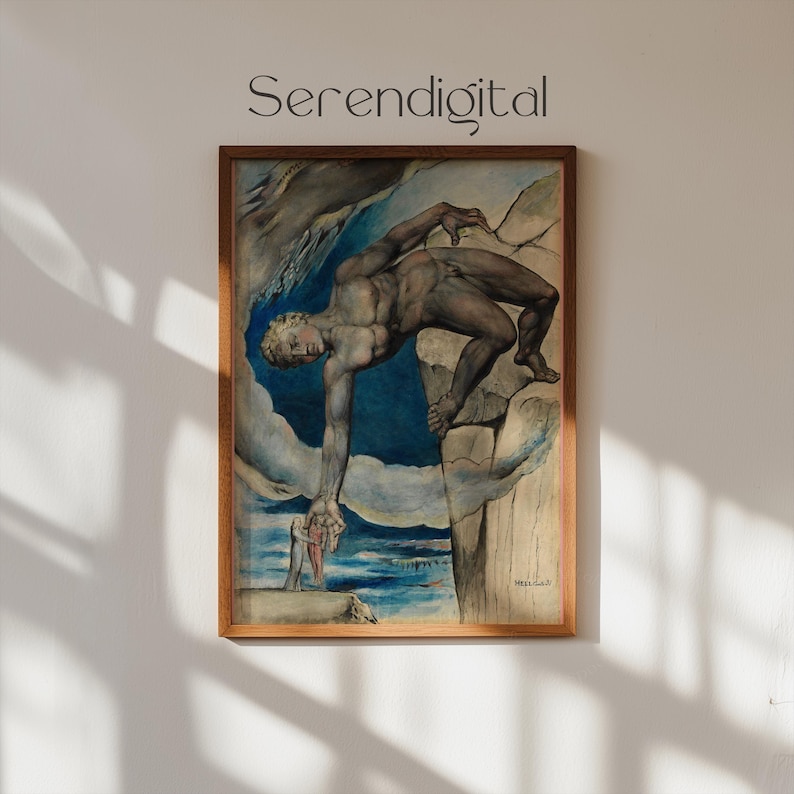 May include: A framed painting depicting a man reaching down from a cliff. The man is nude and has a muscular build. The painting is set against a blue and white cloudy sky. The painting is framed in a light brown wood frame.