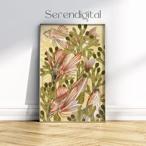 Lámina Art Nouveau de peces, arte mural oceánico vintage, decoración costera francesa, póster de algas y peces, vida marina botánica, póster vertical mate