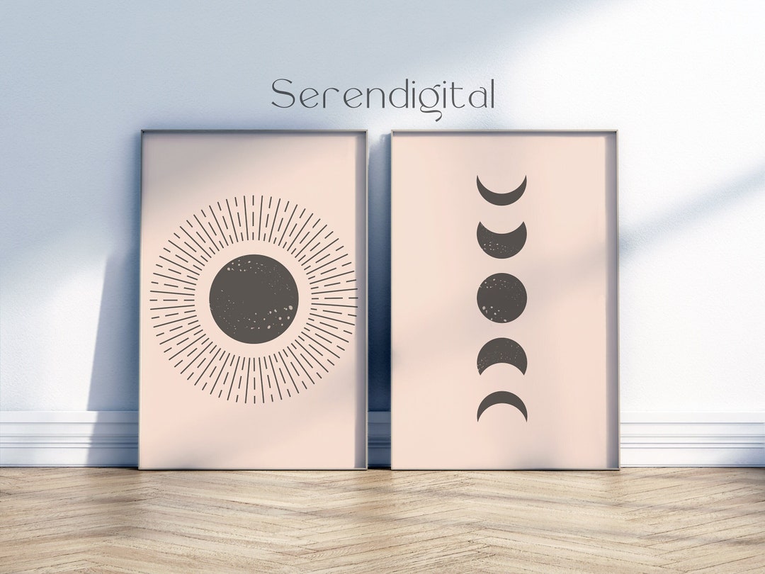 Set of 2 Sun and Moon Wall Art | Boho Modern Wall Print | Digital ...