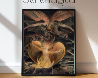 Puede incluir: Una pintura enmarcada que representa una escena del Apocalipsis. Una figura alada con un halo está rodeada de nubes oscuras y un corazón rojo ardiente. La figura extiende una mano, mientras que la otra mano sostiene un libro. La pintura está en un marco negro.