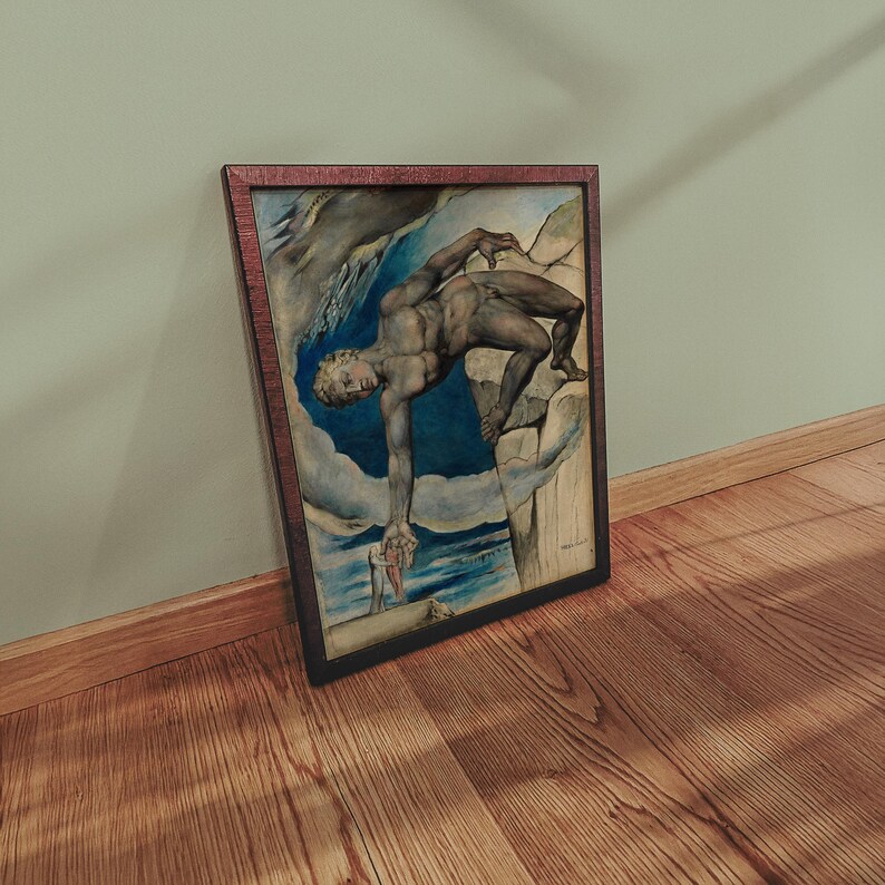 May include: A framed painting depicting a nude male figure reaching down from a cliff. The figure is painted in shades of blue, brown, and white against a backdrop of a blue sky with white clouds. The painting is framed in a dark wood frame.