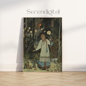 PHYSICAL: Vasilisa the Beautiful and Baba Yaga&#39;s Hut by Ivan Bilibin Art,  Russian Folklore Matte Vertical Poster, Fairy Tale Witch Decor
