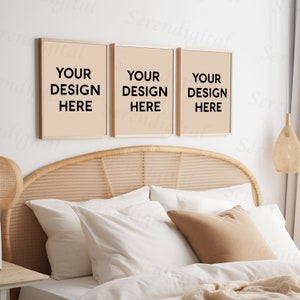 3x4 Frames set of three Bedroom Mockup bundle, 3x4 natural Wood Frame | 3x PSD Boho Mockup bundle, Set of three neutral beige WallArt Mockup