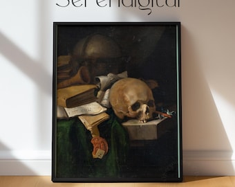 May include: A framed still life painting featuring a human skull, books, and a globe. The artwork has a dark, moody aesthetic with a green cloth and various papers. The text "Serendigital" is at the top.