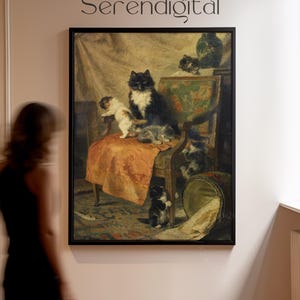Vintage Cat Art Poster Print, Kittens Playing Wall Decor, Henriette Ronner Knip Painting, Victorian Pet Lover Gift, Cat Poster