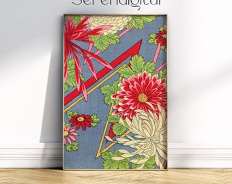 Japanese Floral Wall Art, Vintage Chrysanthemum Print, Blue Botanical Poster, Asian Textile Design, Red Flower Art, Nature Home Decor
