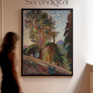 May include: A framed painting depicting a forest scene with a group of people walking through the trees. The painting is in a black frame and is hanging on a white wall. The painting is in a style reminiscent of the early 20th century.