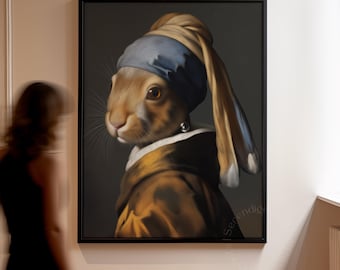 Parodia de conejita de Pascua con pendiente de perla, arte de pared de conejito caprichoso, impresión divertida de conejo, regalo para amantes de los animales, linda decoración de Pascua, regalo divertido