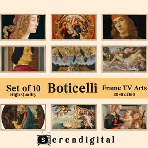 Könnte beinhalten: Set mit 10 hochwertigen gerahmten Drucken berühmter Gemälde von Sandro Botticelli. Die Drucke zeigen Szenen aus Mythologie, Religion und Porträtkunst. Das Set beinhaltet "Die Geburt der Venus", "Die Anbetung der Könige" und "Das Porträt eines jungen Mannes".