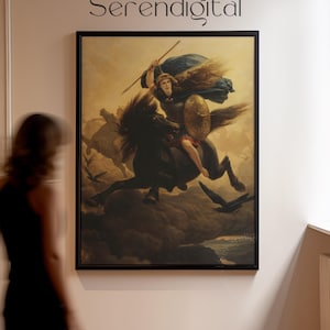 May include: A painting of a woman riding a black horse through the clouds. She is wearing armour and holding a spear. The painting is framed in black.