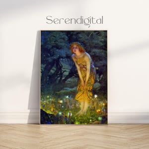 FÍSICO: Pintura de hadas victorianas de El sueño de una noche de verano de Edward Robert Hughes, póster de bellas artes de cuento de hadas clásico, decoración de brujas