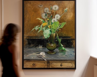Bertha Wegmann Dandelions Print, Botanical Still Life Art, Danish Painter Poster, Rustic Floral Wall Decor, Realism Nature Artwork