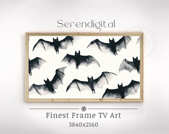 May include: A framed digital art print featuring a repeating pattern of black bats with outstretched wings against a cream background. The artwork is labeled "Finest Frame TV Art" and has a resolution of 3840x2160.