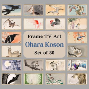 May include: A set of 80 framed prints featuring Japanese artwork by Ohara Koson. The prints depict various birds, animals, and landscapes in a traditional Japanese style. The prints are all in a rectangular format and have a white background.