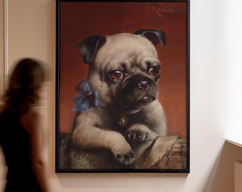 Young Pug Puppy Print, Carl Reichert Dog Portrait, Antique Pet Wall Art, Adorable Vintage Animal Decor, Sweet Pug Painting