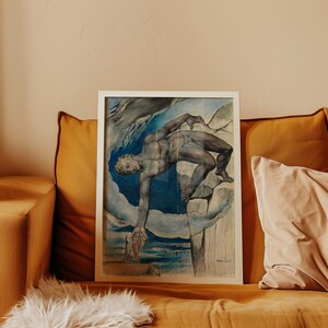 May include: A framed print of a painting depicting a nude male figure reaching down from a cliff. The figure is painted in shades of blue, brown, and white against a background of clouds and a distant landscape.