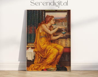 May include: A painting of a woman in a yellow dress sitting by a window. She is holding a cup and looking out the window. There is a black cat sitting on the floor next to her.