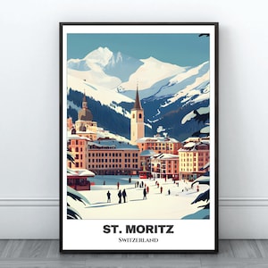 Sankt Moritz Travel Printable Poster -Switzerland Travel Poster-Citycape Painting-Digital Wall Art Print-St. Moritz Decor- ST. Moritz Snowly