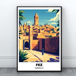Affiche imprimable de voyage Fès - affiche de voyage au Maroc - peinture de cape de la ville - impression d'art mural numérique - décoration d'intérieur Fès - impression d'art voyage au Maroc