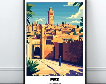Fez Travel Printable Poster - Morocco Travel Poster - Citycape Painting - Digital Wall Art Print - Fez Home Decor - Morocco Trip Art Print
