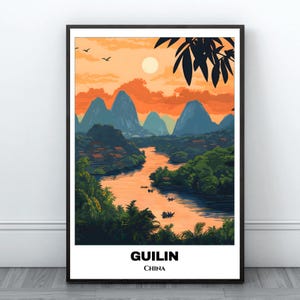 Cartaz de viagem para impressão em Guilin - Cartaz de viagem na China - Pintura de paisagem urbana - Arte de parede com impressão digital - Decoração para casa em Guilin - Impressão de arte de viagem na China