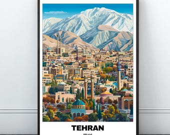 May include: A colourful illustration of the city of Tehran, Iran, with a mountain range in the background. The city is depicted with many buildings, including mosques and minarets. The text "TEHRAN" and "IRAN" is printed below the image.