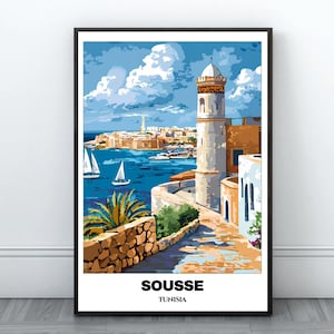 Poster imprimable de voyage à Sousse - Poster de voyage en Tunisie - Peinture de cape de la ville - Impression d'art mural numérique - Décoration d'intérieur de Sousse - Impression d'art Tunisie