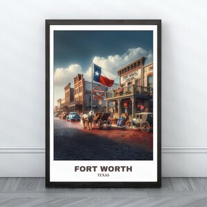Poster imprimable de voyage de Fort Worth - poster de voyage du Texas - peinture de la ville de Fort Worth - paysage urbain - art mural voyage chambre - impression western