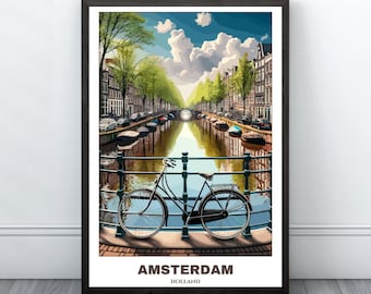 Stampa della città di Amsterdam - Poster di viaggio nei Paesi Bassi - Dipinto di paesaggio urbano - Stampa digitale di arte murale - Decorazione per la casa con arte di viaggio - Poster di viaggio nei Paesi Bassi