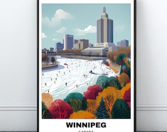 May include: A framed art print featuring a winter scene in Winnipeg, Canada. The artwork depicts a frozen river with people ice skating, surrounded by colorful trees. The city skyline is visible in the background, under a light blue sky. The word "WINNIPEG" and "CANADA" are printed at the bottom.
