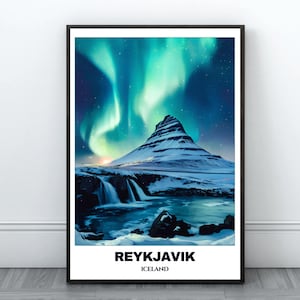 Reykjavik Travel Printable Poster - Iceland Travel Poster -Cityscape Painting -Digital Print Wall Art -Home Decor -Reykjavik Northern Lights