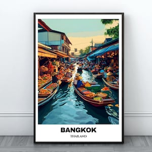Bangkok Travel Printable Poster - Thailand Travel Poster - Citycape Painting - Digital Print Wall Art - Bangkok Home Decor - Floating Market