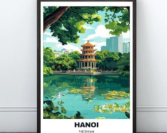 Hanoi Travel Printable Poster - Vietnam Travel Poster - Hoan Kiem Lake Affiche - Digital Wall Art Print -Citycape Painting- Hanoi Home Decor