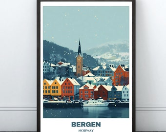 May include: A framed art print depicting Bergen, Norway, with vibrant buildings and a church spire. The image shows snow-covered rooftops, a waterfront scene, and the text "BERGEN NORWAY" at the bottom, evoking a winter landscape.