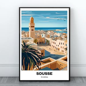 Poster imprimable de voyage à Sousse - Poster de voyage en Tunisie - Peinture de cape de la ville - Impression d'art mural numérique - Décoration d'intérieur de Sousse - Impression d'art Tunisie