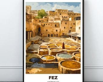 Fez Travel Printable Poster - Morocco Travel Poster - Citycape Painting - Digital Wall Art Print - Fez Home Decor - Chouara Tanneries Print