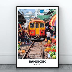 Bangkok Travel Printable Poster - Thailand Travel Poster - Citycape  - Digital Print Wall Art - Bangkok Home Decor -Mae Klong Railway Market